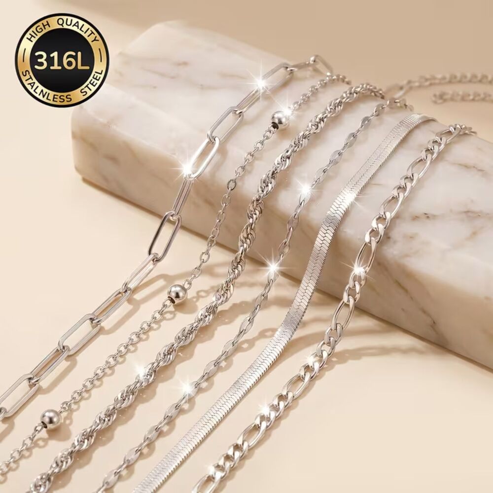 6 pc Stainless Steel Bracelet Set Herringbone Paperclip Beaded Twisted Chain